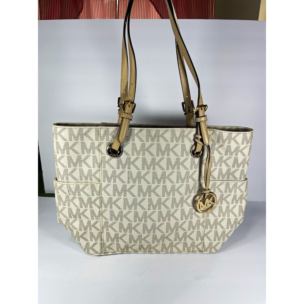 Michael Kors Signature MK Monogram Tote Shoulder Bag Zip Gold Hardware Charm